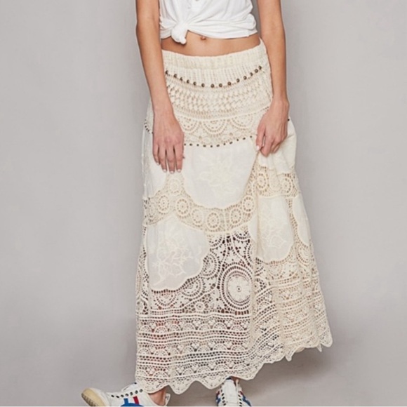 POL Cream Crochet Knit Metallic Beaded Elastic Waist Maxi Skirt - Picture 5 of 9